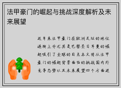 法甲豪门的崛起与挑战深度解析及未来展望