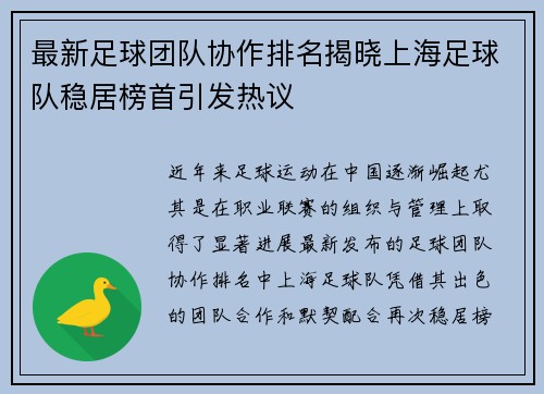 最新足球团队协作排名揭晓上海足球队稳居榜首引发热议